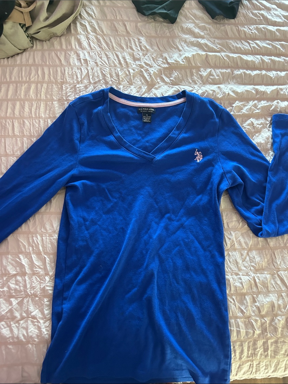 Polo by Ralph Lauren Women's Royal Blue V‑Neck Sweater with Pink Pony